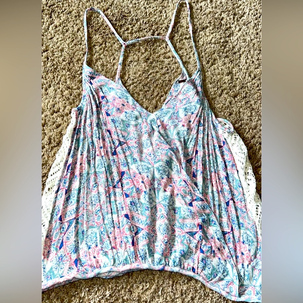 Free People Floral Spaghetti Strap Top - Pink and Blue lace detail xsmall